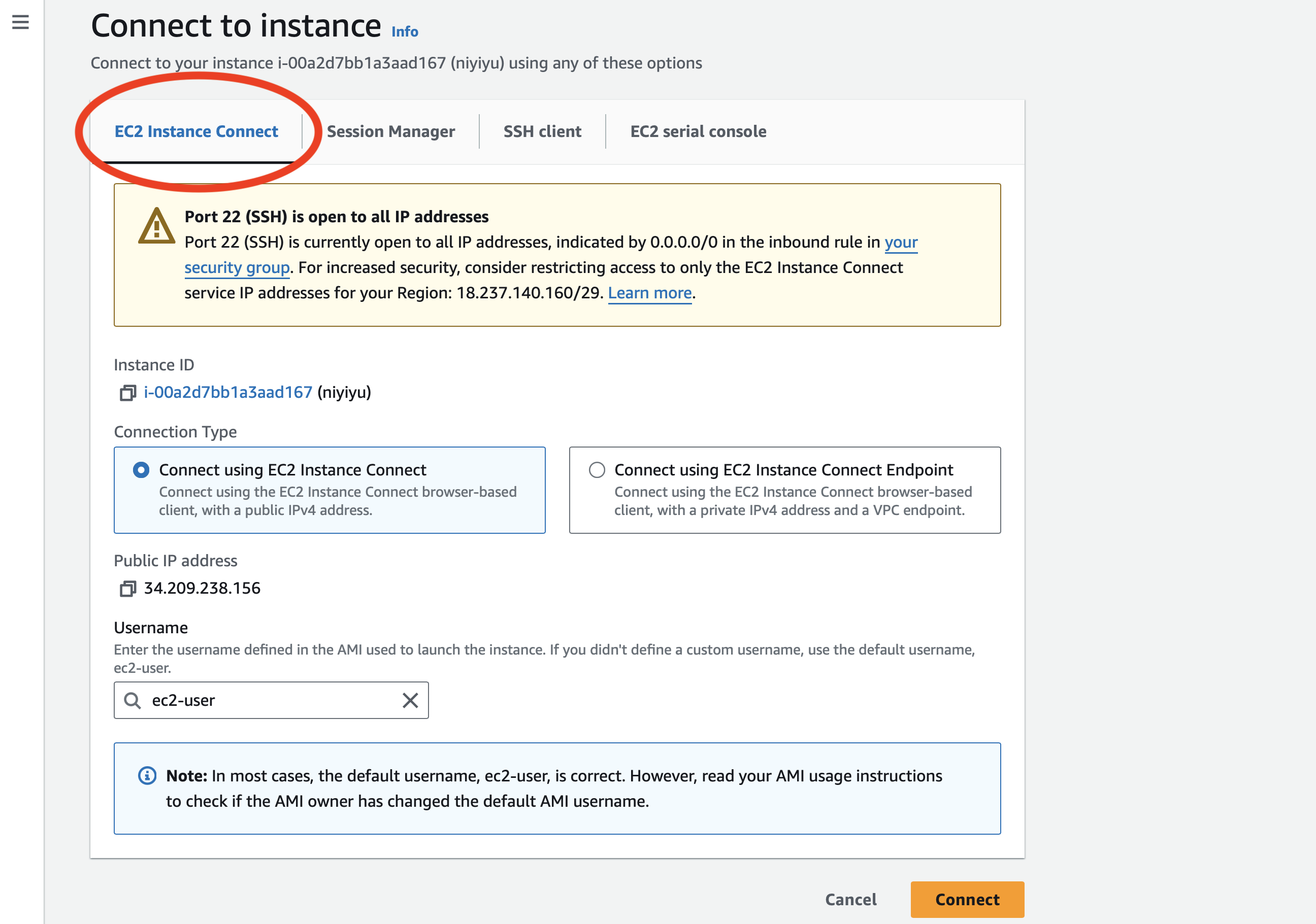 Connect to an instance through web